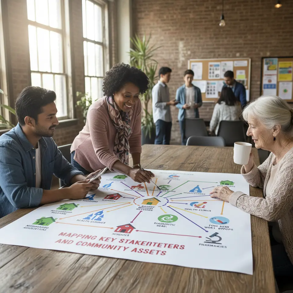 Mapping Key Stakeholders and Community Assets: a colorful infographic-style community map showing icons for neighborhood associations, schools, religious institutions, health clinics, diagnostic labs and pharmacies, all connected by lines and labeled to illustrate local partnerships and resource hubs