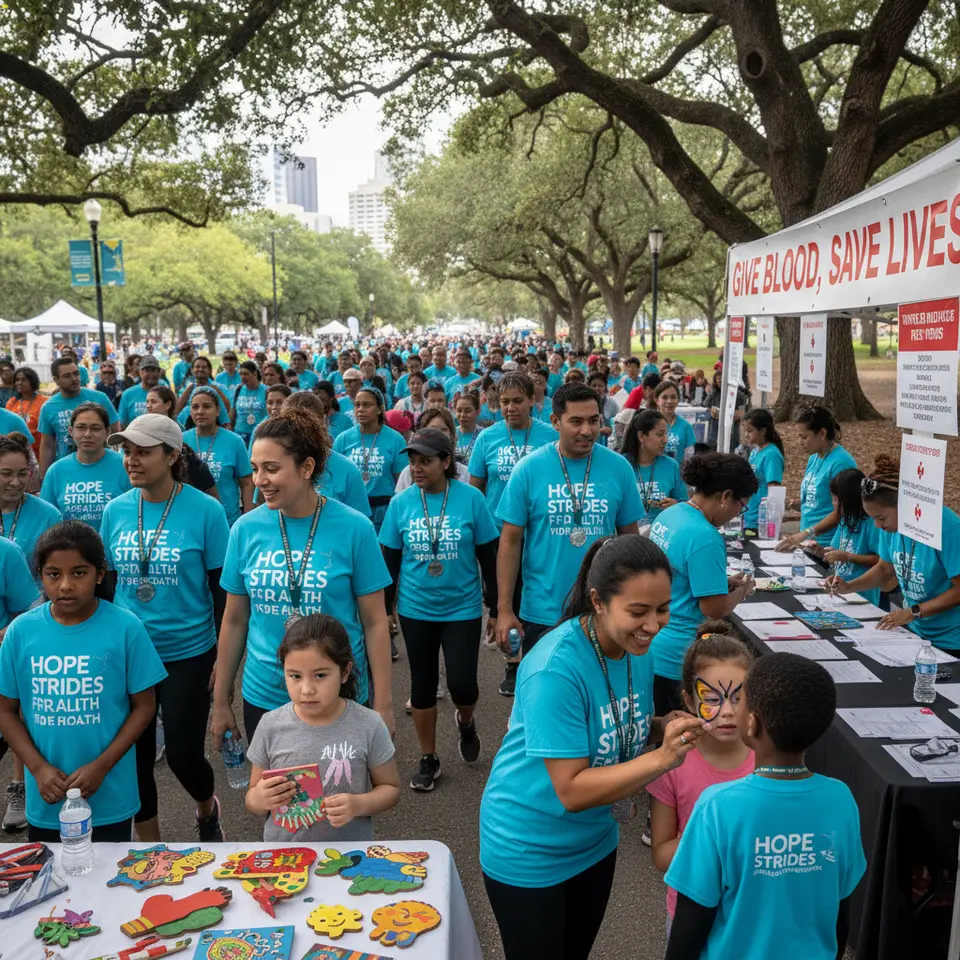 A vibrant community charity walk through a city park: diverse participants wearing branded t-shirts and medals, volunteer booths offering children’s crafts and face painting, and a blood drive sign-up table with informational banners