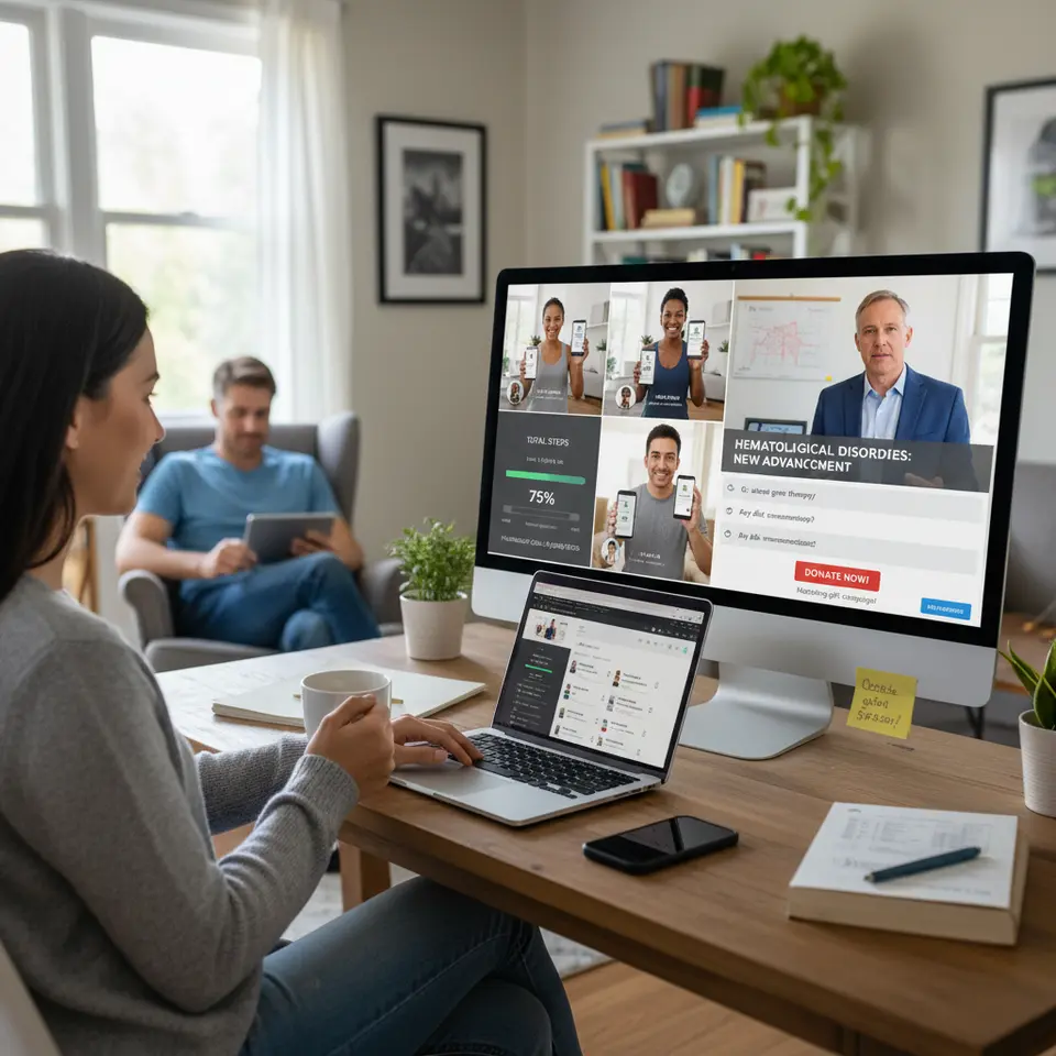 A dynamic virtual fundraiser scene: a split-screen showing (1) a live fitness challenge dashboard tracking participants’ steps on smartphones and (2) an educational webinar in progress with a hematologist presenting slides, chat questions, and donation links