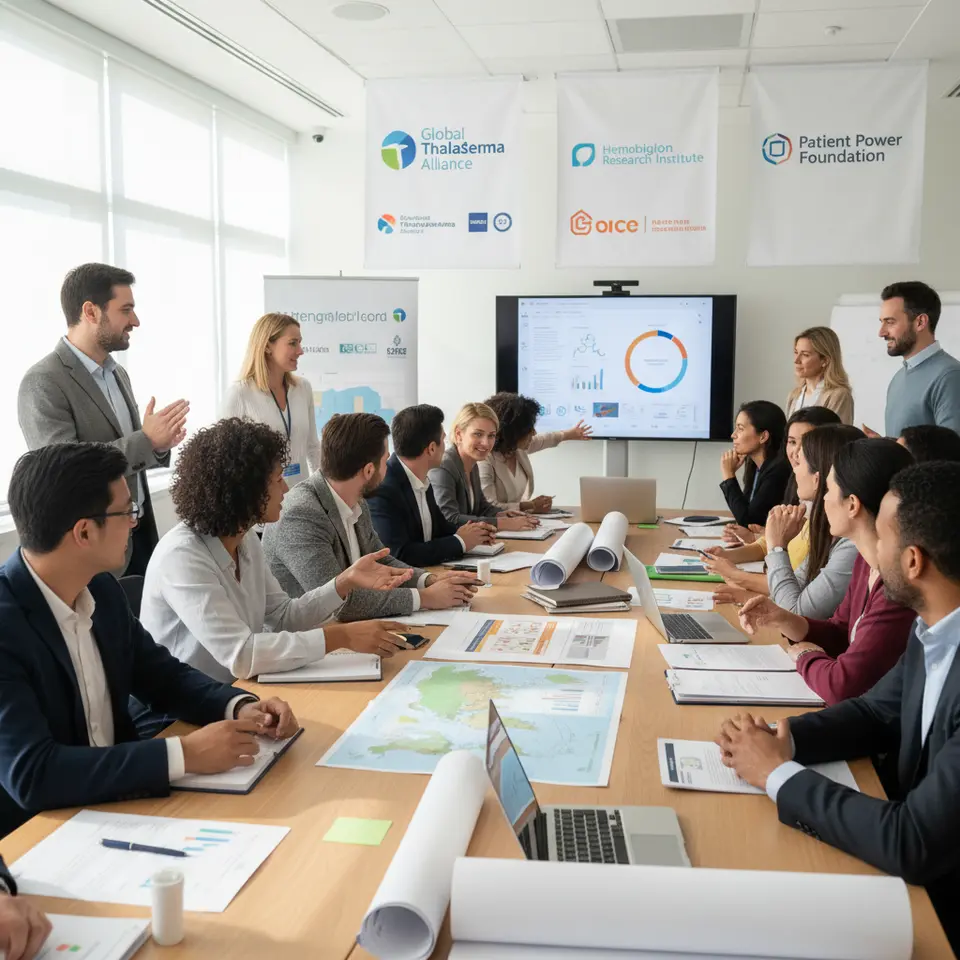 Kickoff Summit for Thalassemia Affiliate Partnerships: a bright, modern conference room filled with diverse healthcare professionals, researchers, nonprofit leaders, and patient advocates gathered around a large table strewn with governance charters, strategic-plan posters, laptops, and maps. Banners bearing partner logos hang in the background, while participants point at charts and share ideas across the table.
