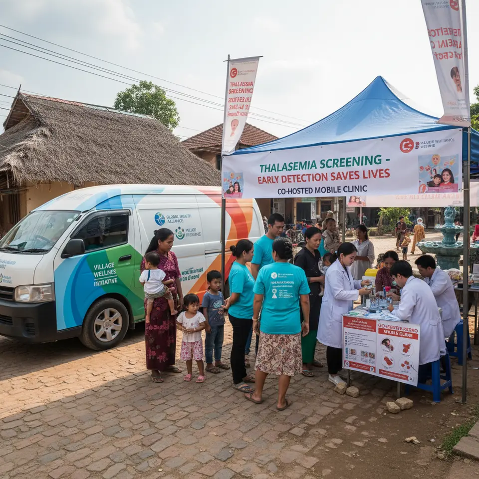 Co-hosted Mobile Screening Clinic in the Community: a colorful outreach scene featuring a co-branded medical van parked on a village street, volunteers in matching T-shirts guiding families into a pop-up tent. Inside, healthcare workers operate portable hemoglobin testing devices. Multilingual banners and informational flyers about thalassemia screening flutter in the breeze, capturing the collaborative spirit.
