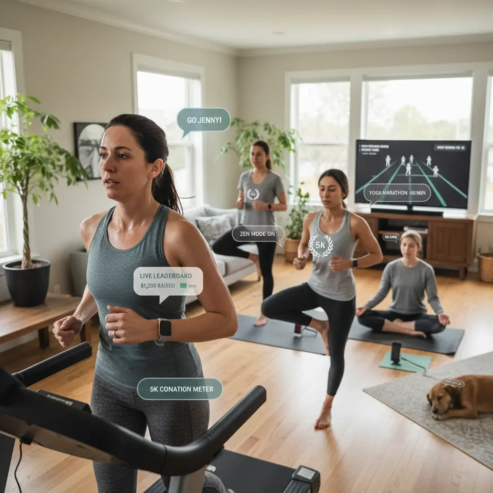 Virtual Fitness and Challenge Events Visualization: a dynamic home-based fitness scene showing diverse participants doing a virtual 5K run and yoga marathon; smartphone and smartwatch screens display live leaderboards, route maps and donation meters, with chat bubbles and milestone badges floating around