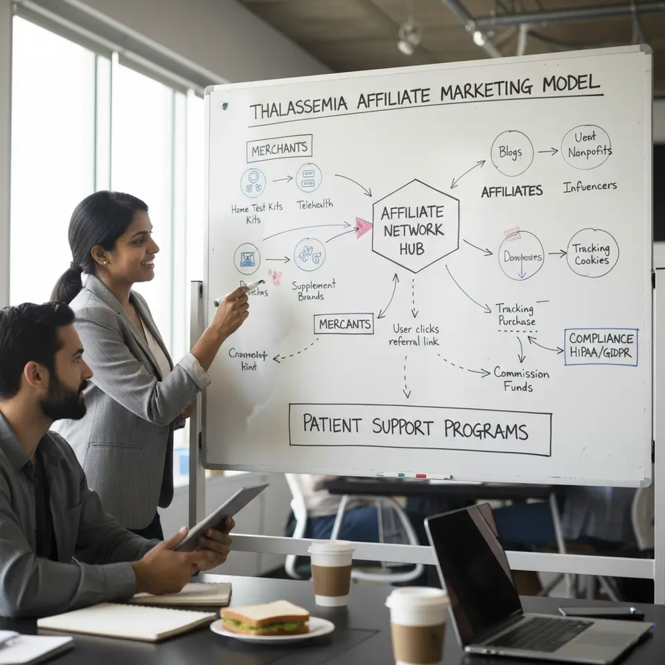 A flowchart-style diagram of the thalassemia affiliate marketing model: icons for merchants (home test kits, telehealth, supplement brands), an affiliate network hub, and affiliates (blogs, nonprofits, influencers); arrows tracing a user clicking a referral link, completing a purchase, and commission funds flowing back into patient support programs; include labels for tracking, cookies, and compliance (HIPAA/GDPR).