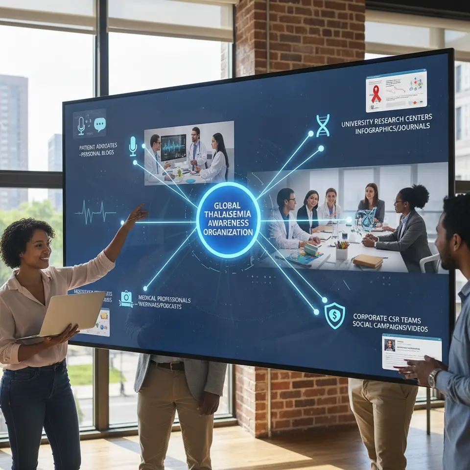 A dynamic network map showing a central Thalassemia awareness organization connected by glowing lines to diverse affiliate partners—patient advocates with personal blogs, medical professionals hosting webinars, university research centers, and corporate CSR teams—each represented by distinct icons and content channels (infographics, videos, social posts)