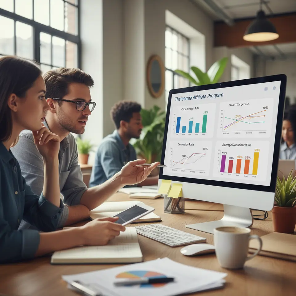 A modern data dashboard layout displaying key performance indicators for a Thalassemia affiliate program: bar and line charts for click-through rate, conversion rate, cost per lead, and average donation value, annotated with SMART targets and progress indicators, set against a clean UI with branded color accents